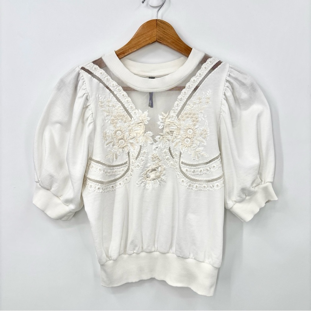 Anthropologie Embroidered Short Sleeve Sweatshirt XS Ivory Cottage Sheer Beaded